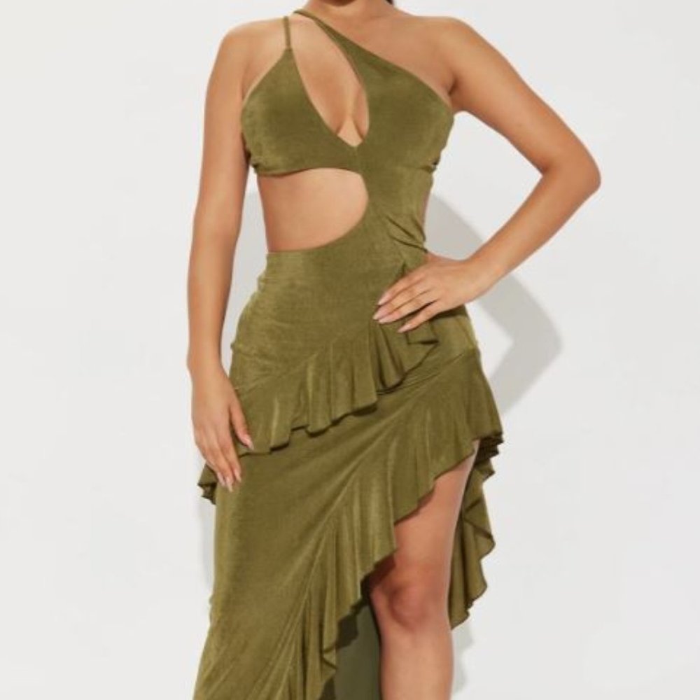 Elegant Olive Green Asymmetrical Dress
